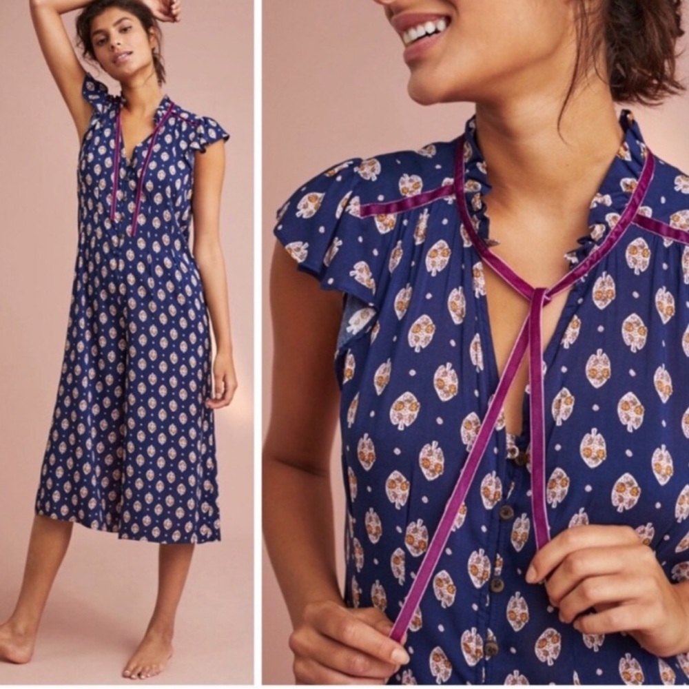 Anthropologie floreat navy printed jumpsuit